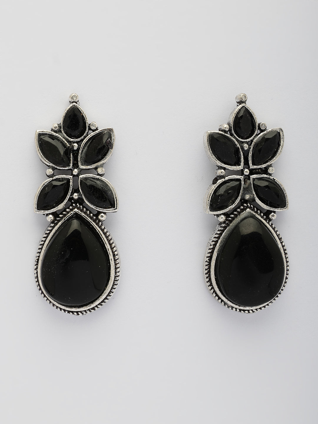 NVR Women Black Artificial Stones Silver Plated Drop Earrings NR Retail-NVR