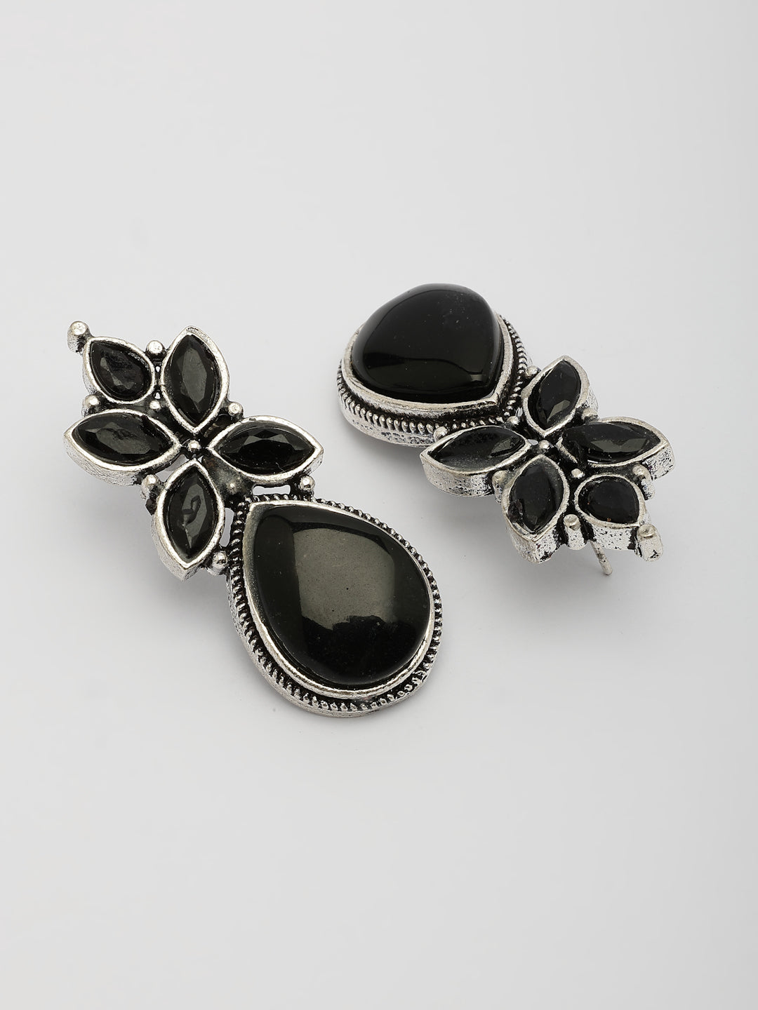 NVR Women Black Artificial Stones Silver Plated Drop Earrings NR Retail-NVR