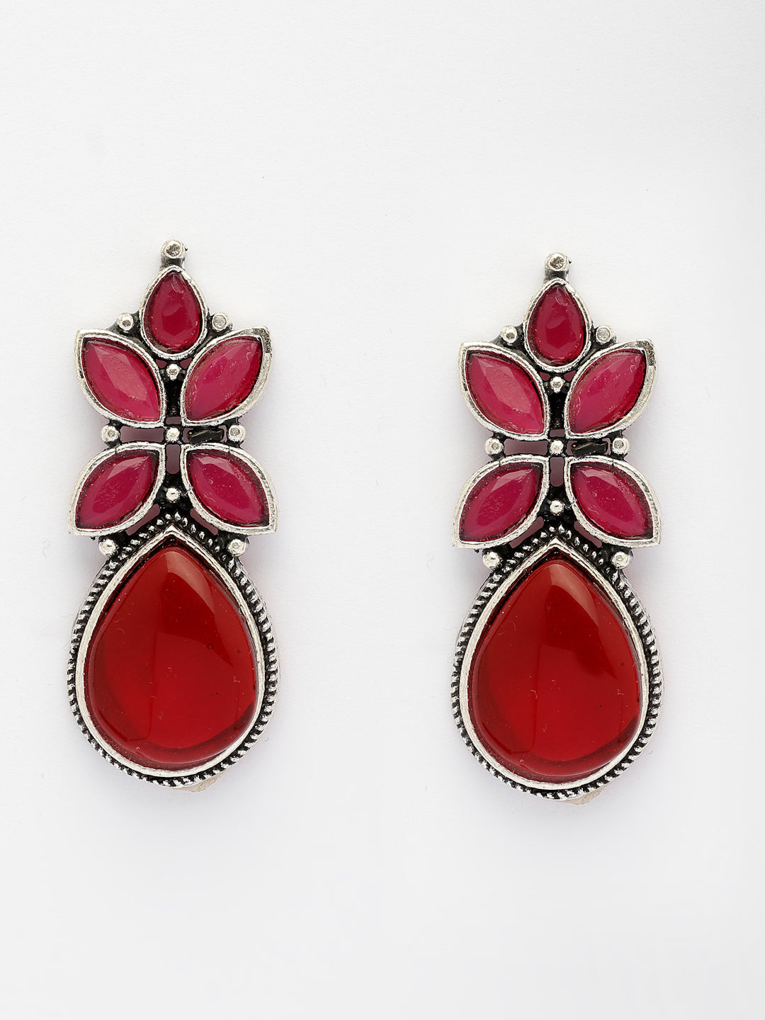 NVR Women Red Artificial Stones Silver Plated Drop Earrings NR Retail-NVR