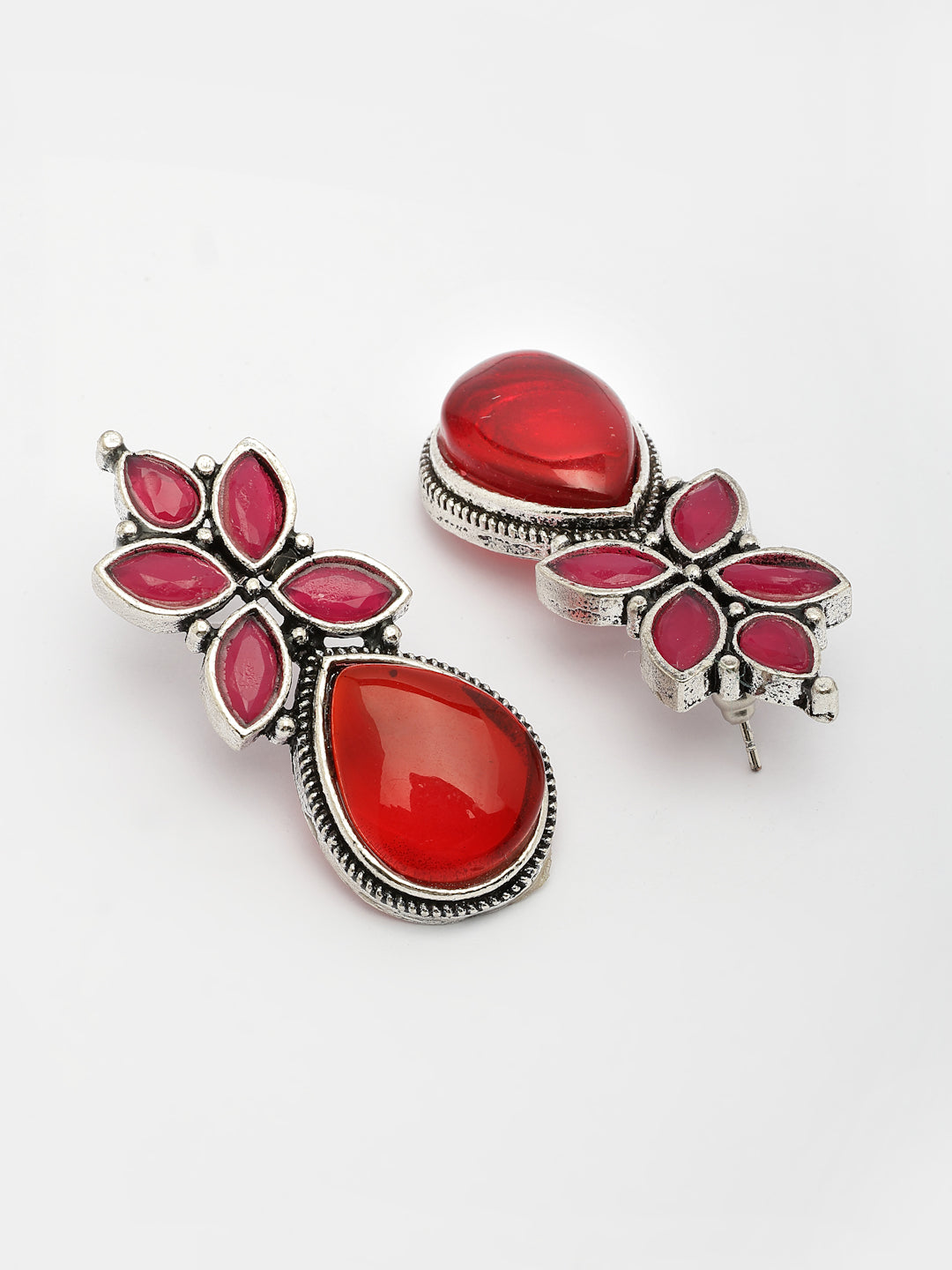 NVR Women Red Artificial Stones Silver Plated Drop Earrings NR Retail-NVR
