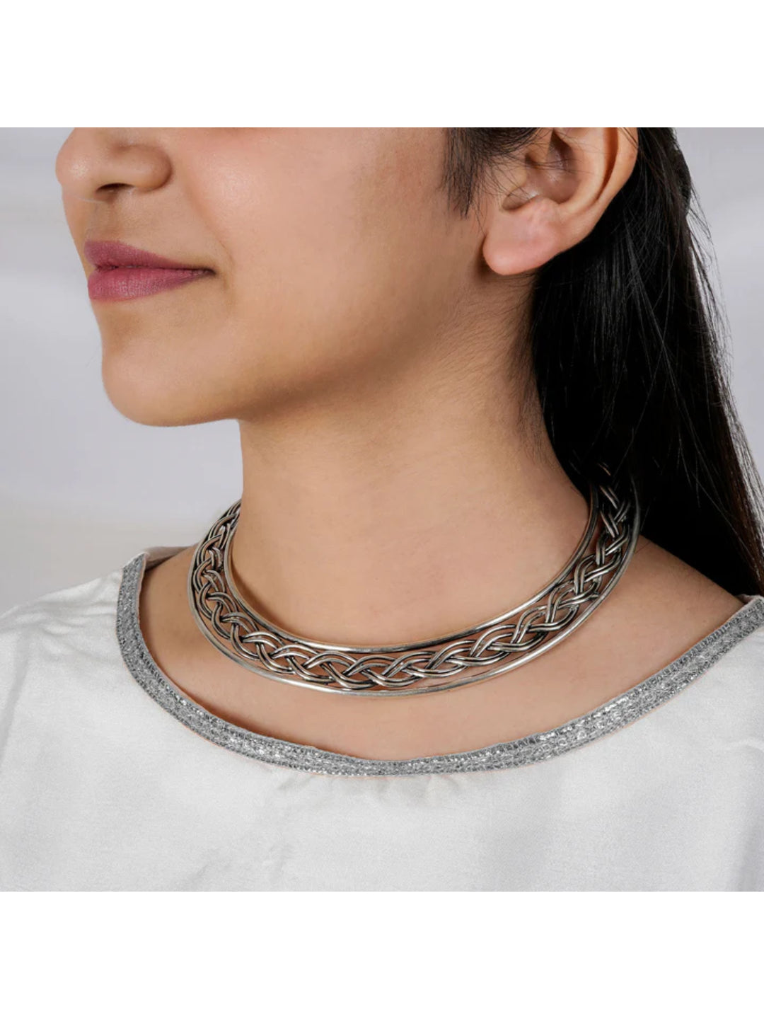 NVR Women's Silver-Plated Oxidized Statement Choker Necklace 