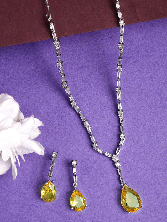 NVR Women's Silver-Plated Yellow American Diamond-Studded Handcrafted Jewellery Set