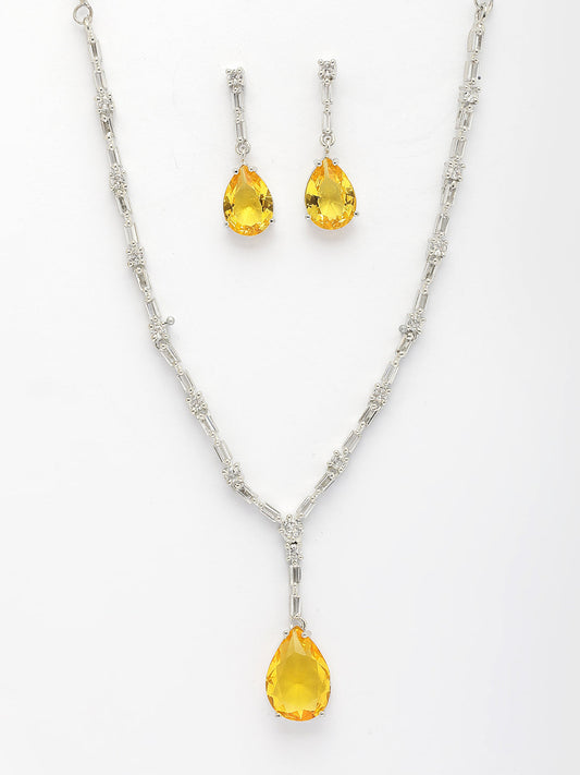 NVR Women's Silver-Plated Yellow American Diamond-Studded Handcrafted Jewellery Set