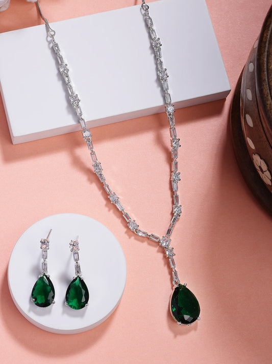 NVR Women's Silver-Plated Dark Green American Diamond-Studded Handcrafted Jewellery Set