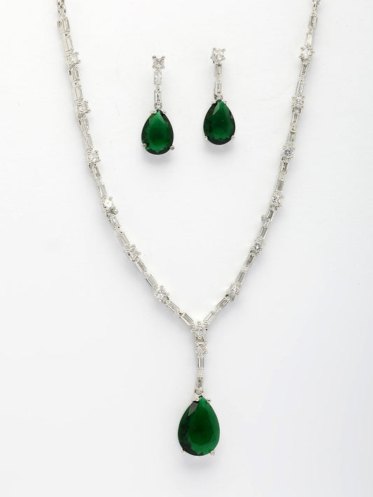 NVR Women's Silver-Plated Dark Green American Diamond-Studded Handcrafted Jewellery Set