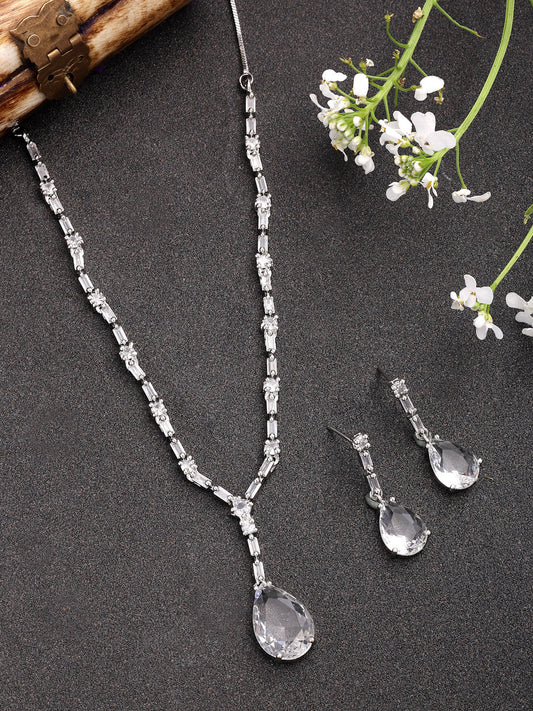 NVR Women's Silver-Plated White American Diamond-Studded Handcrafted Jewellery Set