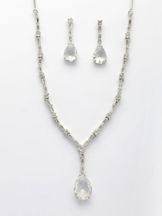 NVR Women's Silver-Plated White American Diamond-Studded Handcrafted Jewellery Set