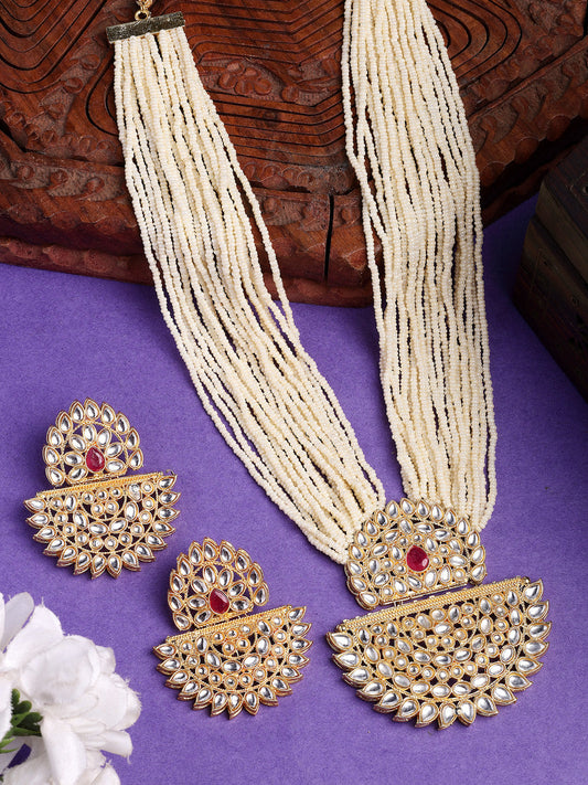 NVR Women's Gold Toned Red Stones & Kundan Studded Jewellery Set