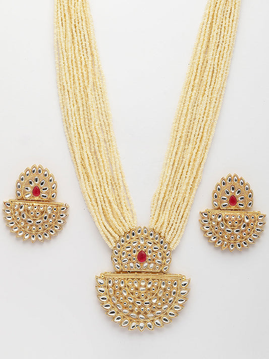 NVR Women's Gold Toned Red Stones & Kundan Studded Jewellery Set