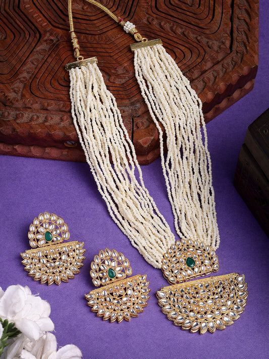 NVR Women's Gold Toned Green Stones & Kundan Studded Jewellery Set
