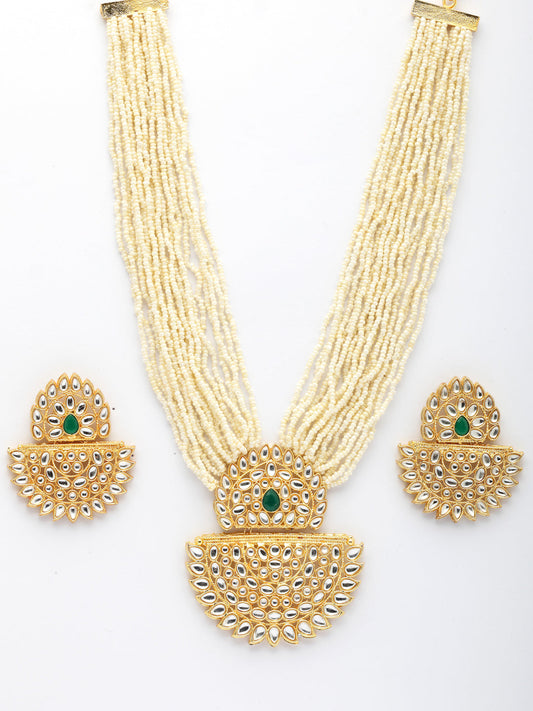 NVR Women's Gold Toned Green Stones & Kundan Studded Jewellery Set