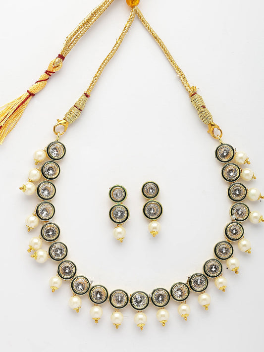 NVR Women Gold-Polished Round Shape Kundan Studded Short Jewellery Set