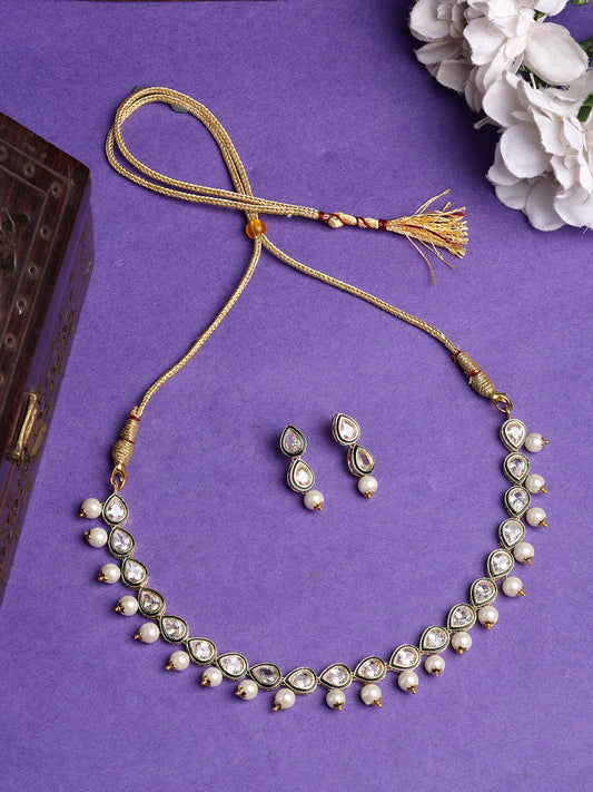 NVR Women Gold-Polished Pear Shape Kundan Studded Short Jewellery Set