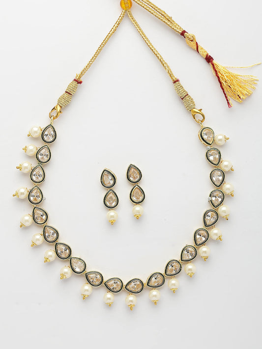 NVR Women Gold-Polished Pear Shape Kundan Studded Short Jewellery Set