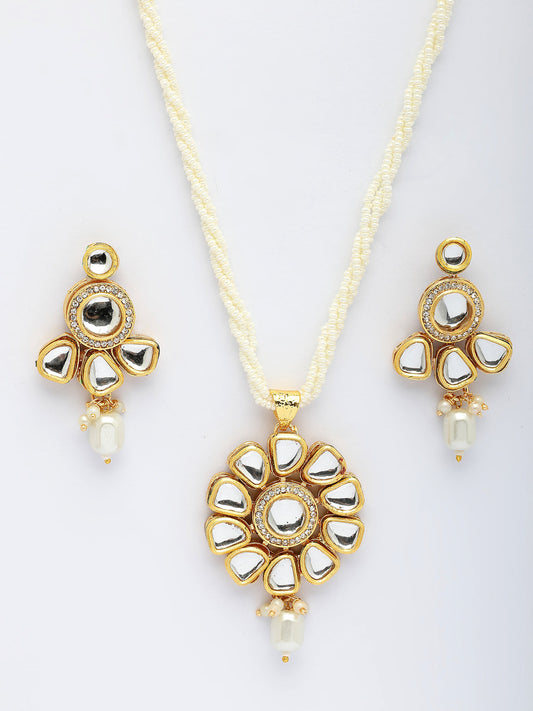 NVR Women Gold-Polished Kundan Studded & Pearls Long Jewellery Set