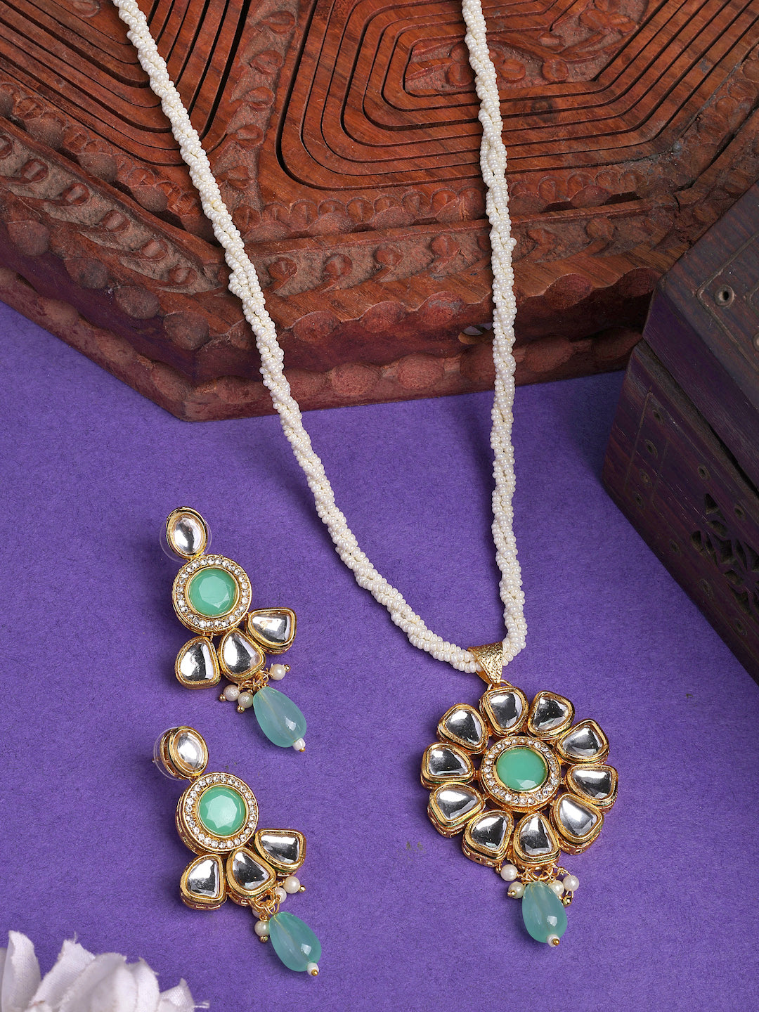 NVR Women Green Stones with Kundan Studded Long Jewellery Set NR Retail-NVR