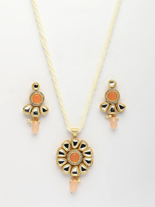 NVR Women Peach Stones with Kundan Studded Long Jewellery Set