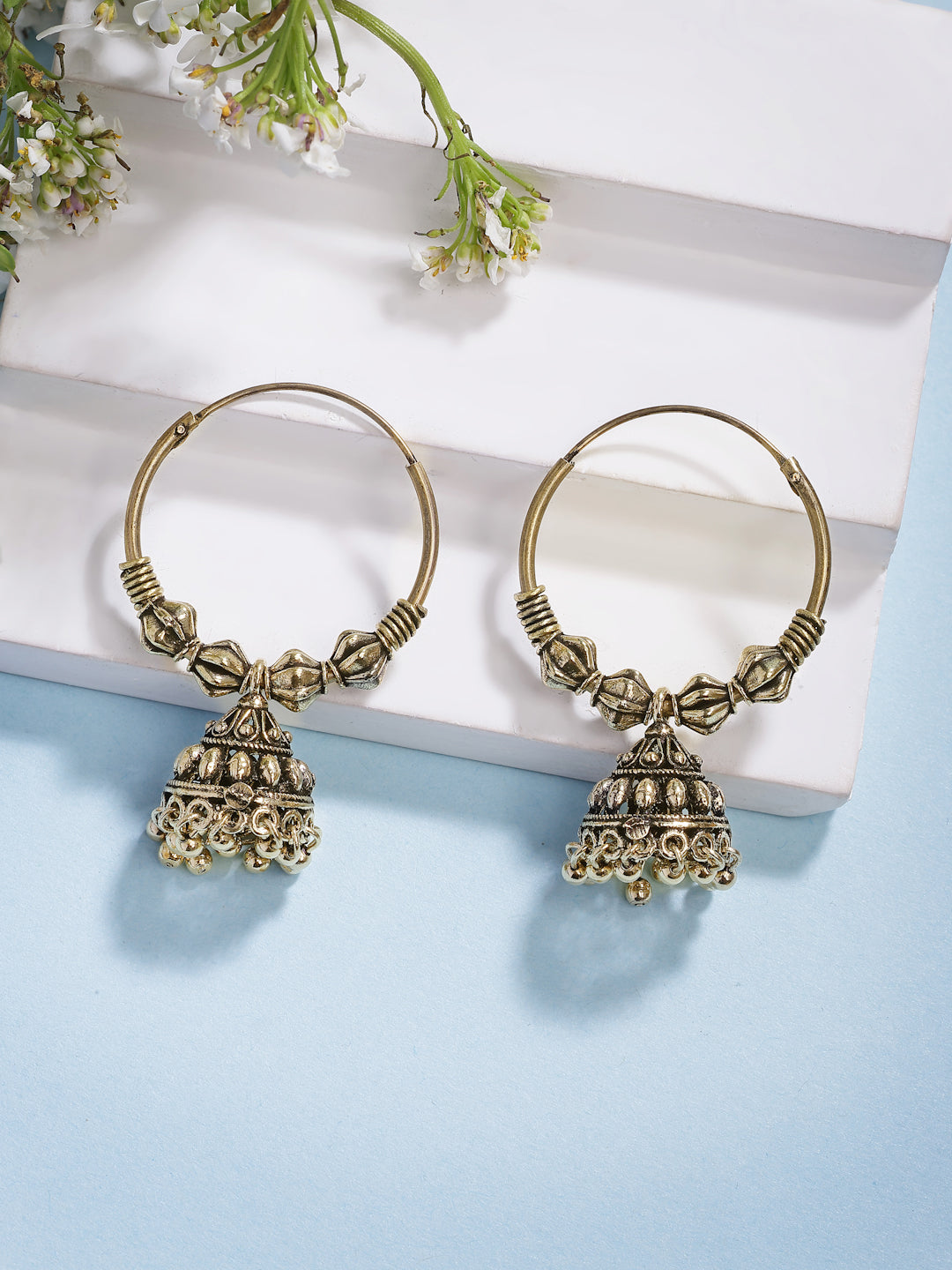 NVR Women's Traditional Gold-Polished Oxidized Jhumka Earrings - Swadesiicart