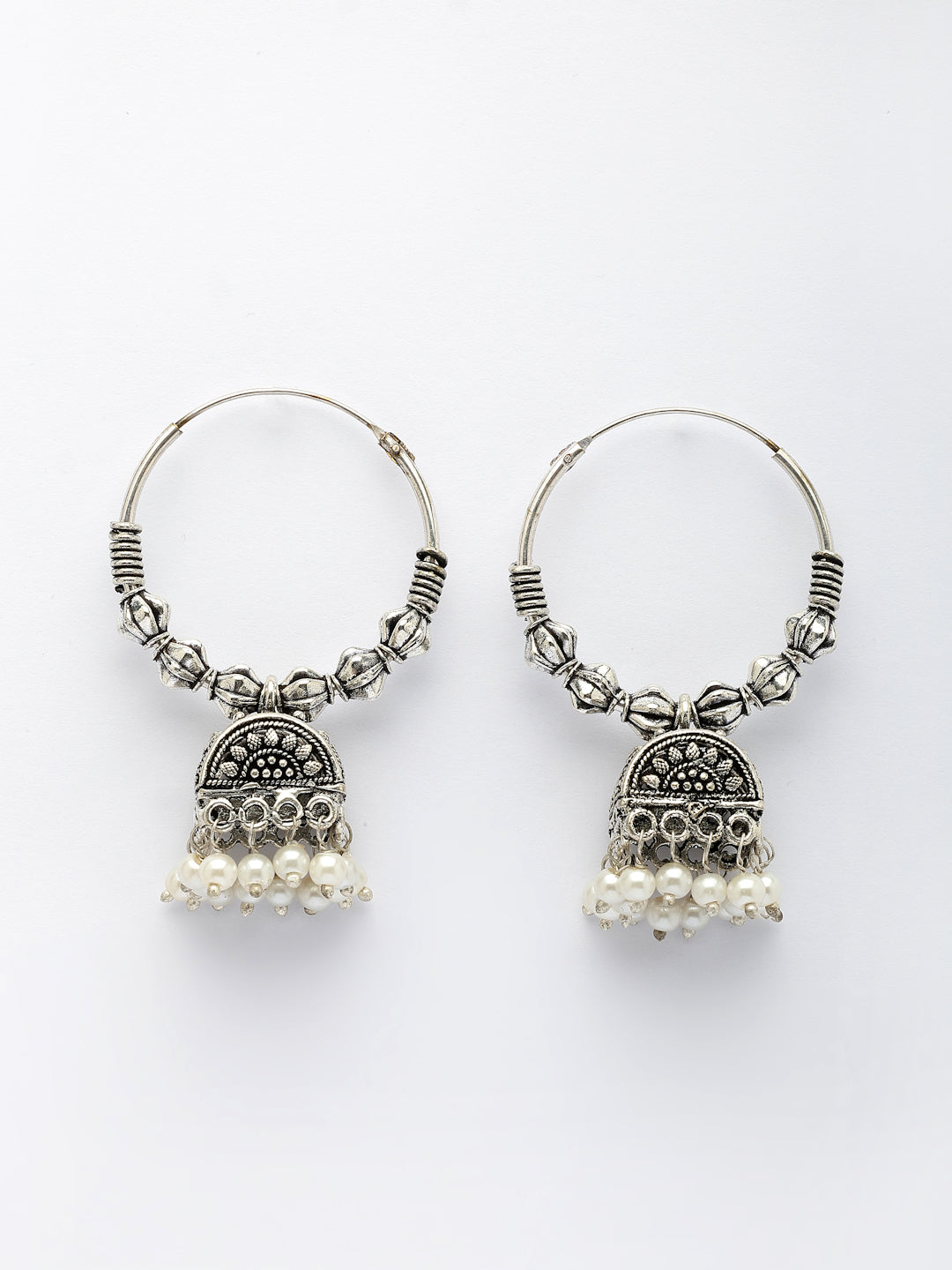 NVR Women Oxidized Silver Plated White Artificial Beads Jhumka Earrings 