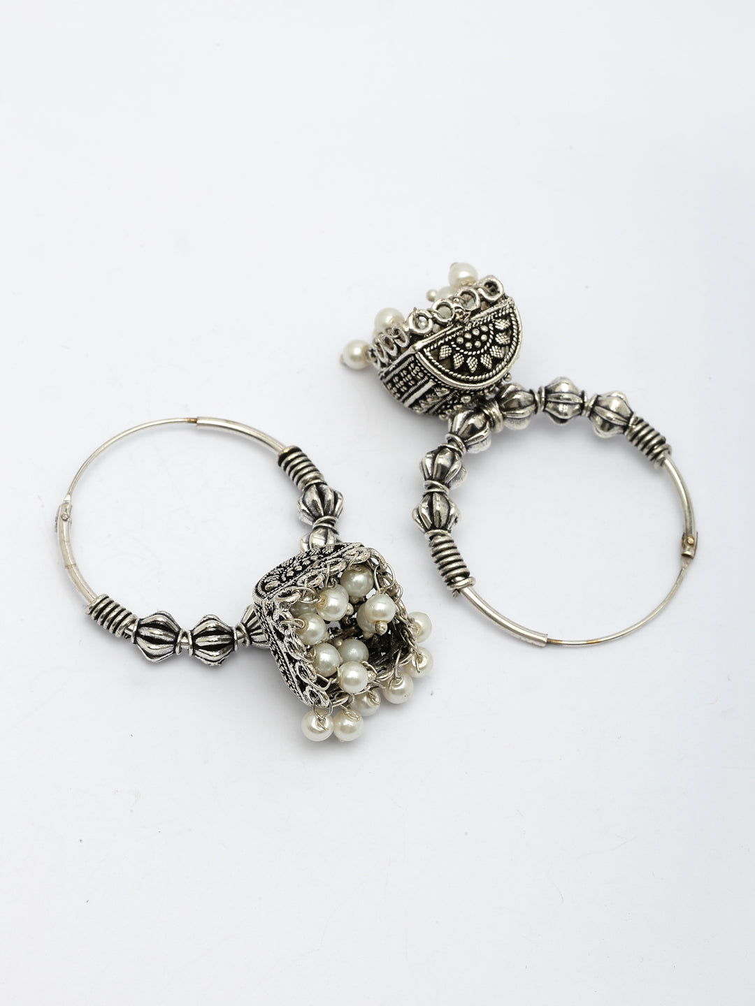 NVR Women Oxidized Silver Plated White Artificial Beads Jhumka Earrings 