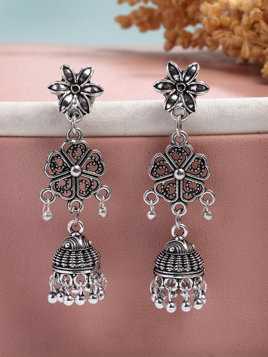 NVR Women Silver Toned Oxidized Floral Design Jhumka Earrings NR Retail-NVR