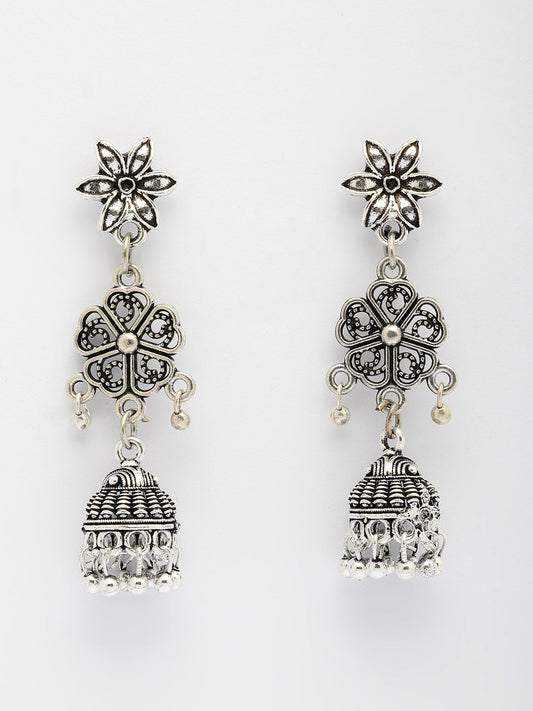 NVR Women Silver Toned Oxidized Floral Design Jhumka Earrings NR Retail-NVR