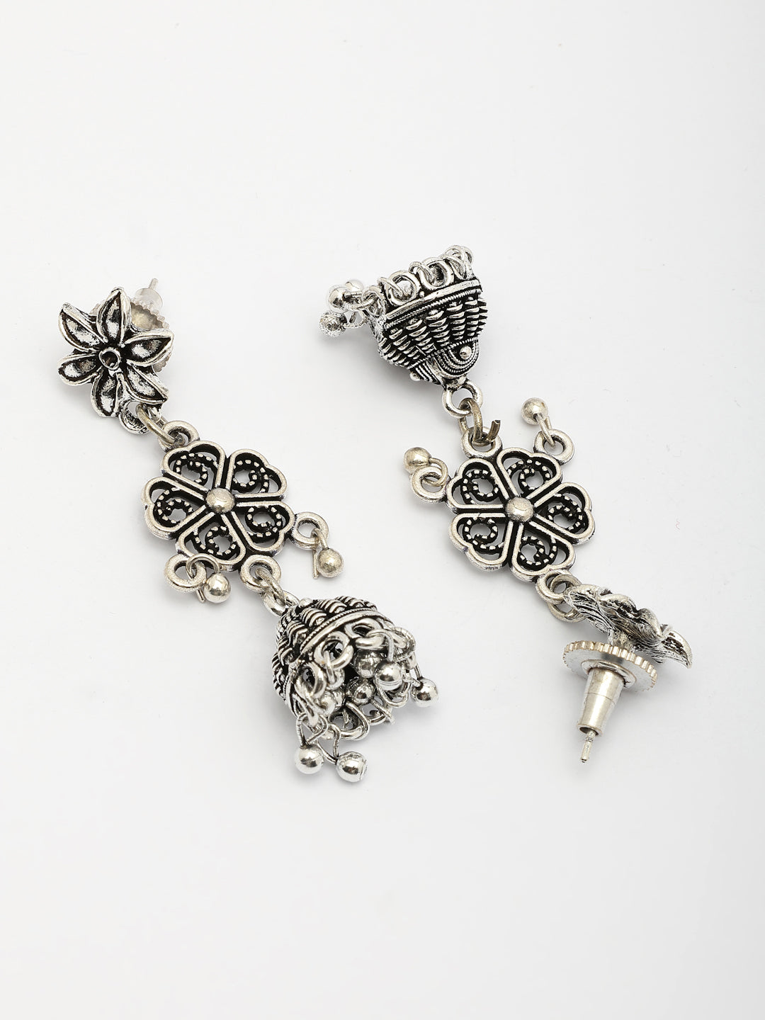 NVR Women Silver Toned Oxidized Floral Design Jhumka Earrings NR Retail-NVR