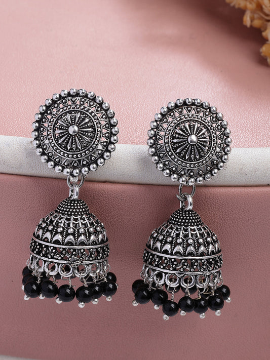 NVR Women's Oxidized Silver Plated Black Artificial Beads Jhumka Earrings 