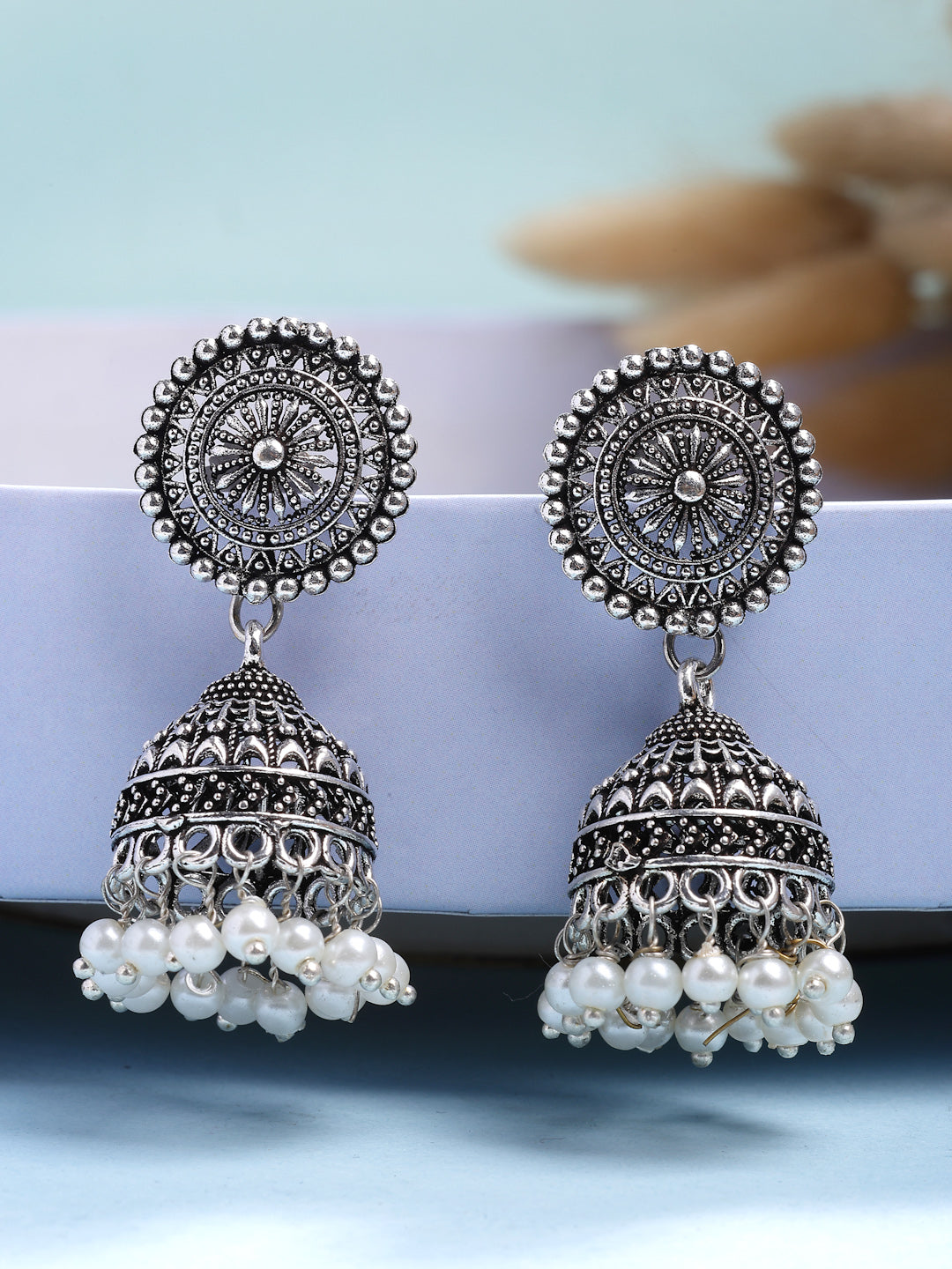 NVR Women's Oxidized Silver Plated White Artificial Beads Jhumka Earrings NR Retail-NVR