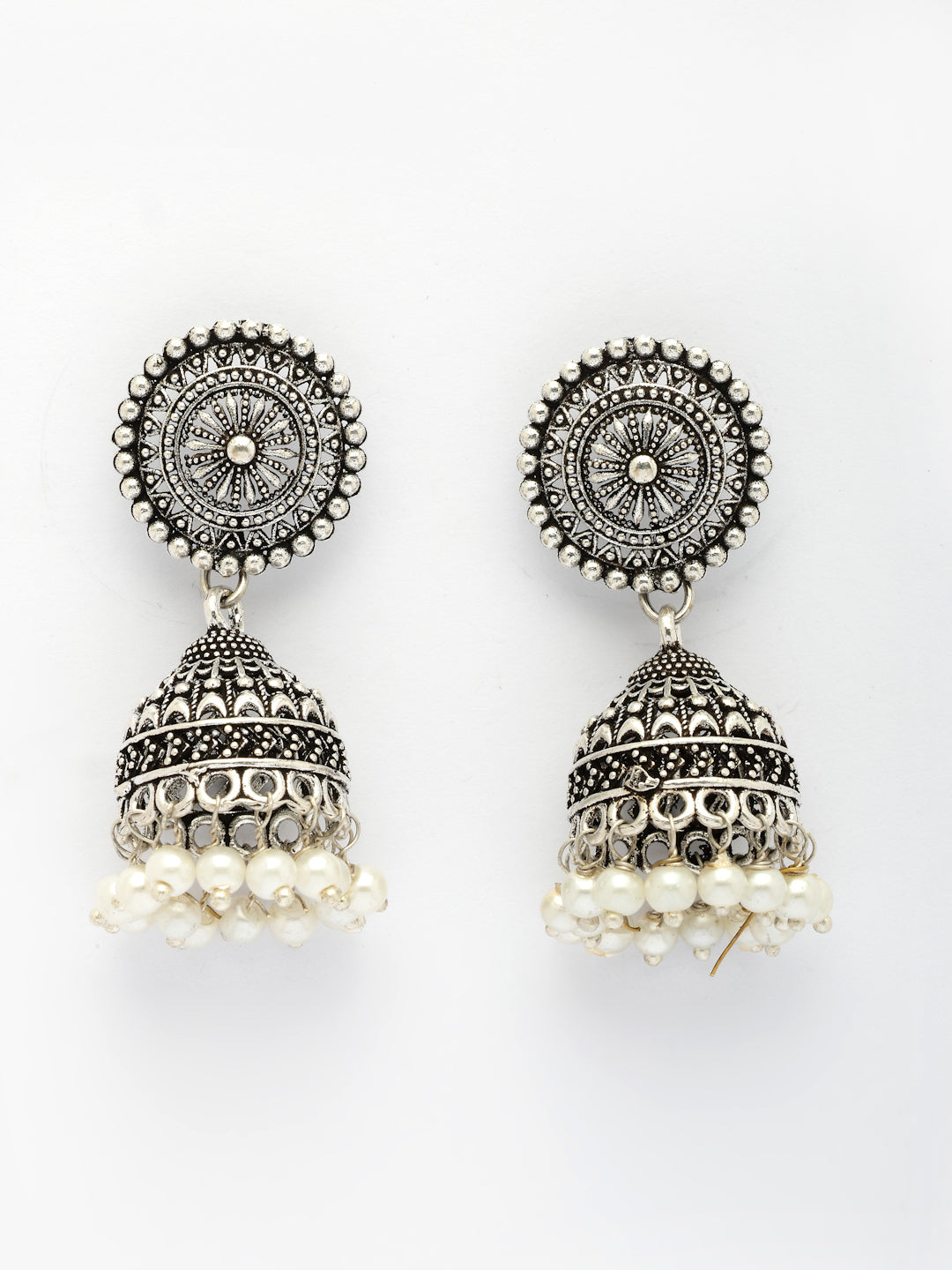 NVR Women's Oxidized Silver Plated White Artificial Beads Jhumka Earrings NR Retail-NVR