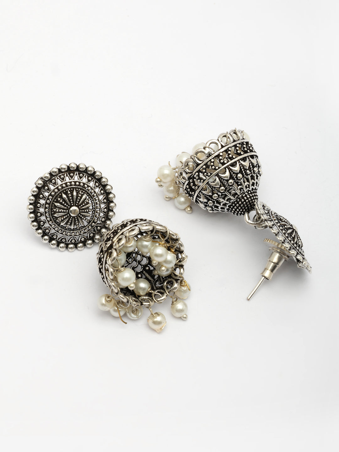 NVR Women's Oxidized Silver Plated White Artificial Beads Jhumka Earrings - Swadesiicart
