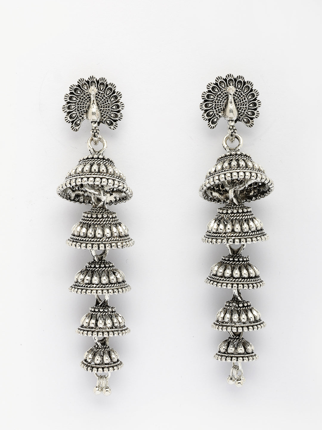 NVR Women Silver Plated Oxidized Peacock Design Layered Jhumka Earrings NR Retail-NVR