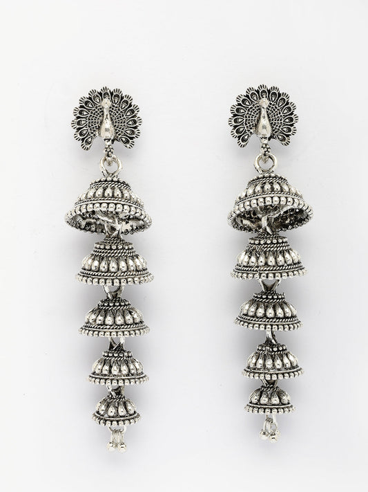 NVR Women Silver Plated Oxidized Peacock Design Layered Jhumka Earrings NR Retail-NVR