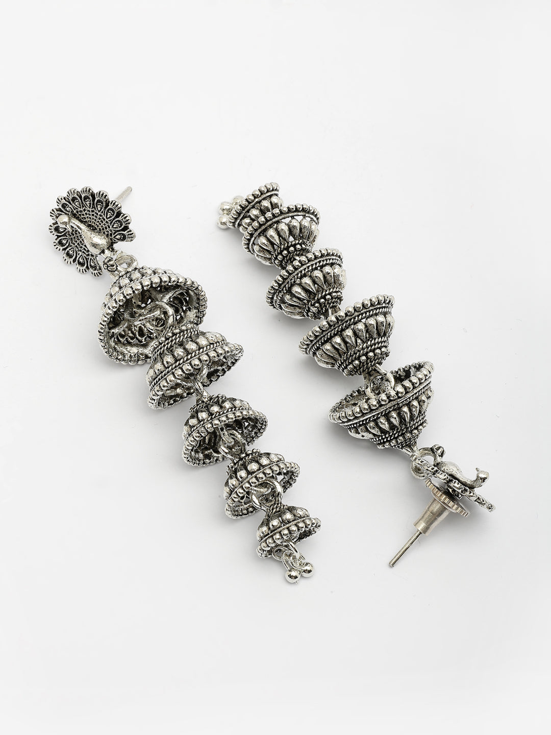 NVR Women Silver Plated Oxidized Peacock Design Layered Jhumka Earrings - Swadesiicart