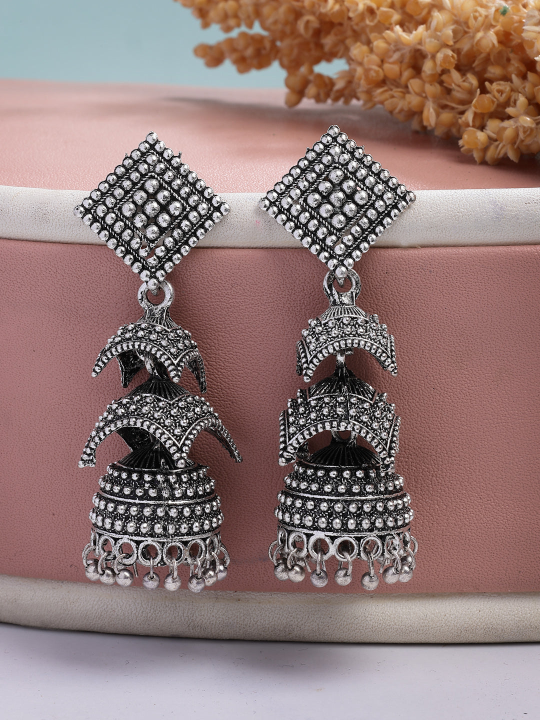 NVR Women's Traditional Oxidized Silver Plated Jhumka Earrings NR Retail-NVR