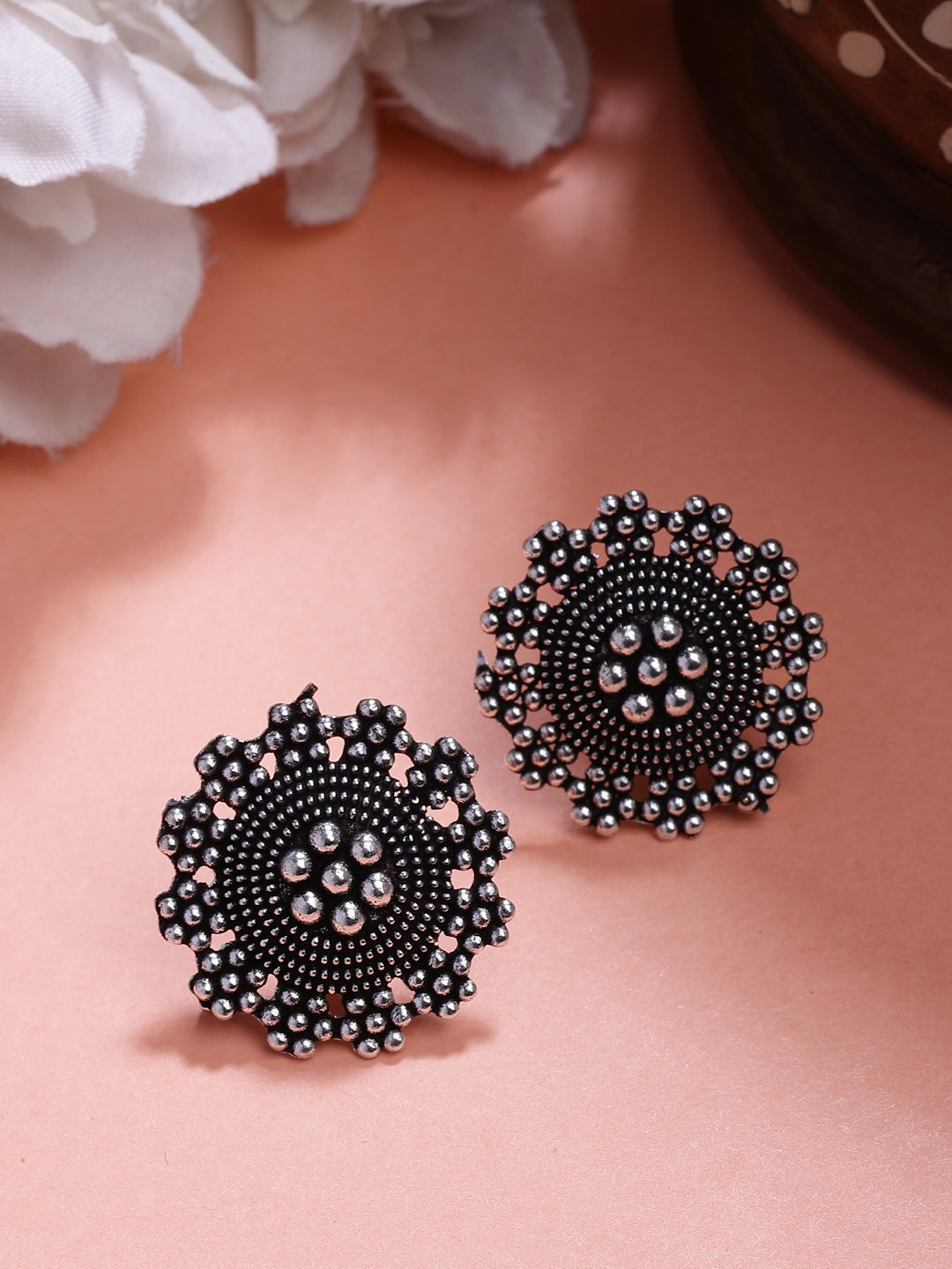NVR Women's Silver Plated Oxidized Round Shape Traditional Stud Earrings NR Retail-NVR