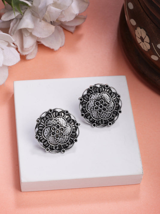 NVR Women's Silver Plated Oxidized Floral Design Stud Earrings NR Retail-NVR