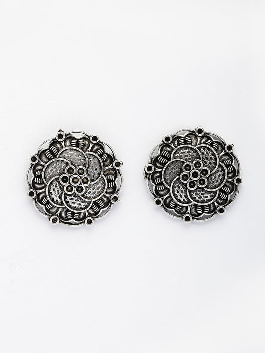 NVR Women's Silver Plated Oxidized Floral Design Stud Earrings NR Retail-NVR