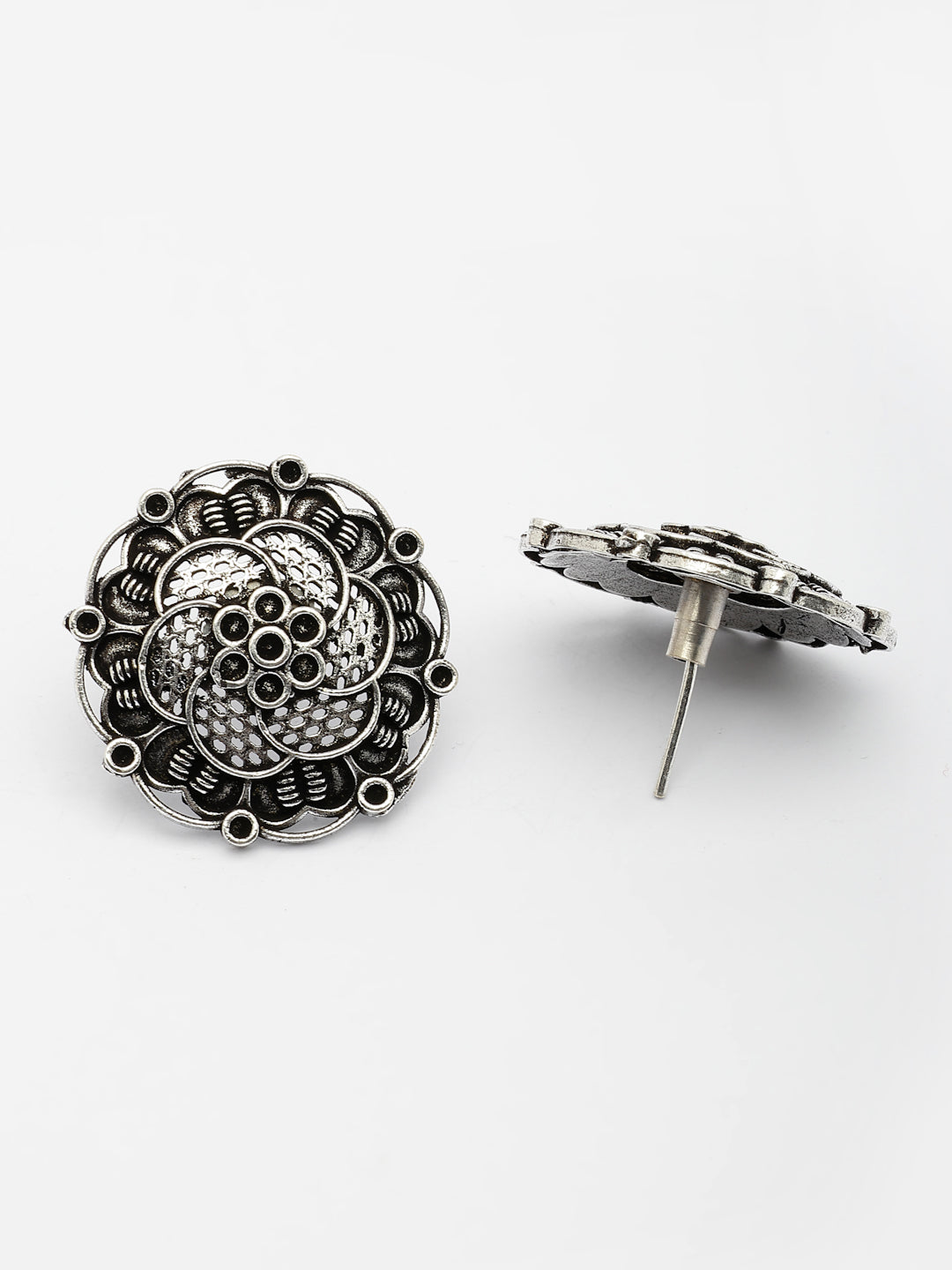 NVR Women's Silver Plated Oxidized Floral Design Stud Earrings NR Retail-NVR