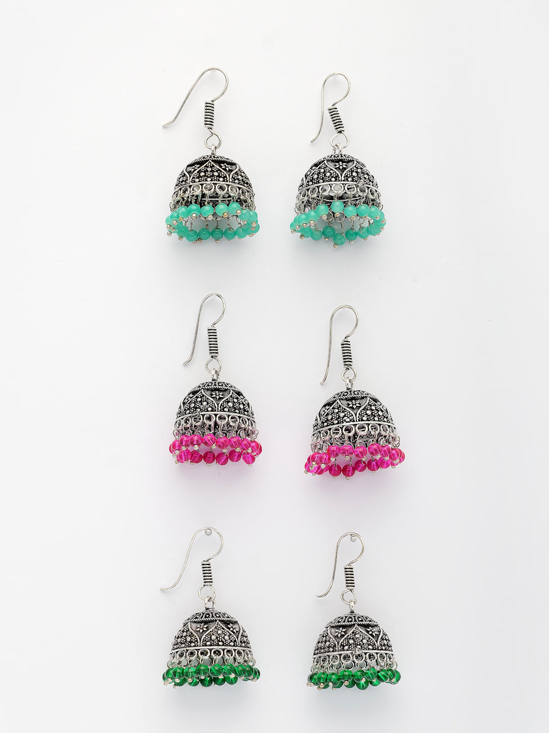 NVR Women Pair of 3 Oxidized Silver Plated Multicolor Artificial Beads Jhumka Earrings NR Retail-NVR