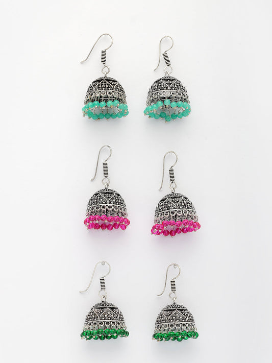 NVR Women Pair of 3 Oxidized Silver Plated Multicolor Artificial Beads Jhumka Earrings NR Retail-NVR