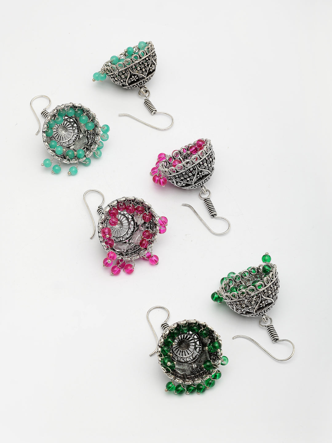 NVR Women Pair of 3 Oxidized Silver Plated Multicolor Artificial Beads Jhumka Earrings NR Retail-NVR