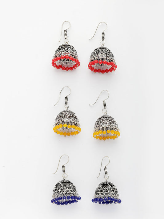 NVR Women's Pair of 3 Oxidized Silver Plated Multicolor Artificial Beads Jhumka Earrings NR Retail-NVR
