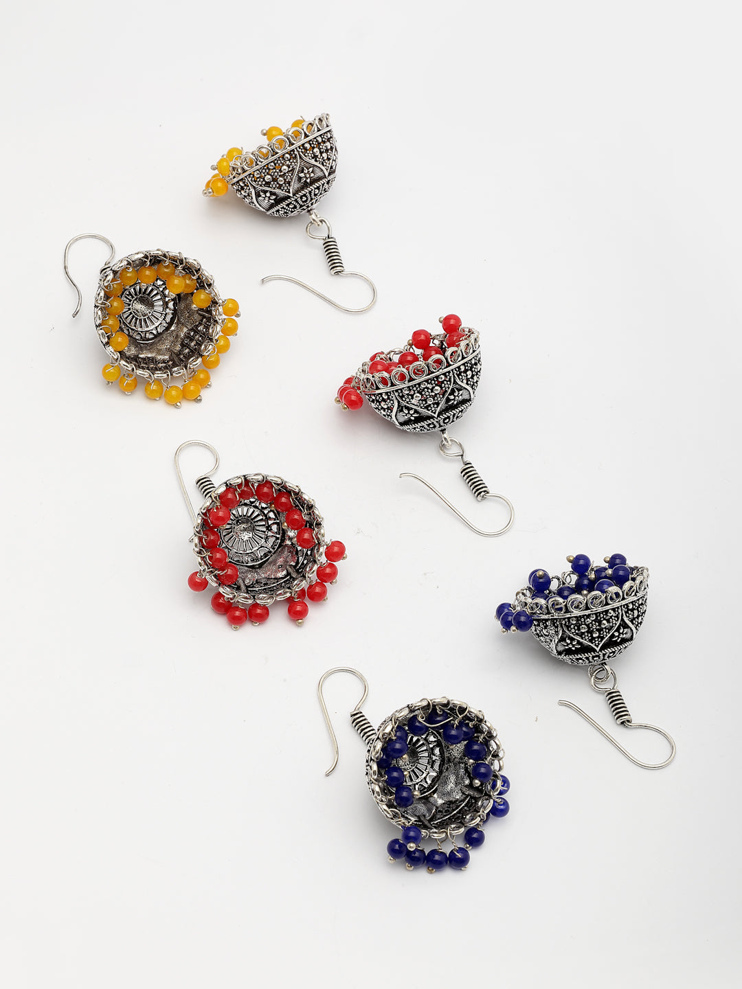 NVR Women's Pair of 3 Oxidized Silver Plated Multicolor Artificial Beads Jhumka Earrings NR Retail-NVR