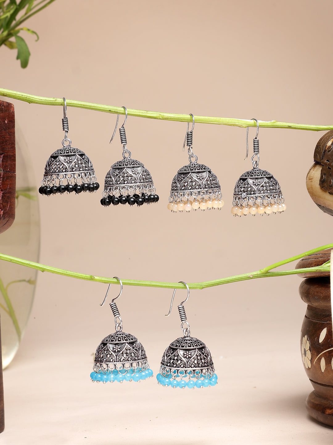 NVR Women Pair of 3 Multicolor Artificial Beads Oxidized Silver Plated Jhumka Earrings NR Retail-NVR