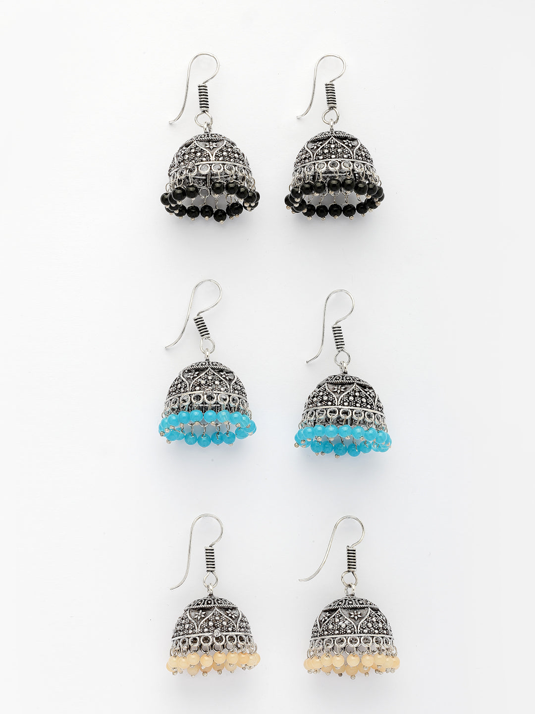 NVR Women Pair of 3 Multicolor Artificial Beads Oxidized Silver Plated Jhumka Earrings NR Retail-NVR