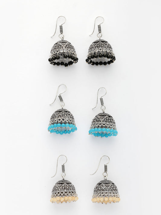 NVR Women Pair of 3 Multicolor Artificial Beads Oxidized Silver Plated Jhumka Earrings NR Retail-NVR