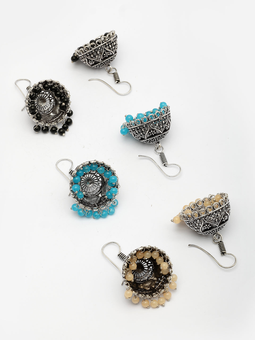 NVR Women Pair of 3 Multicolor Artificial Beads Oxidized Silver Plated Jhumka Earrings NR Retail-NVR