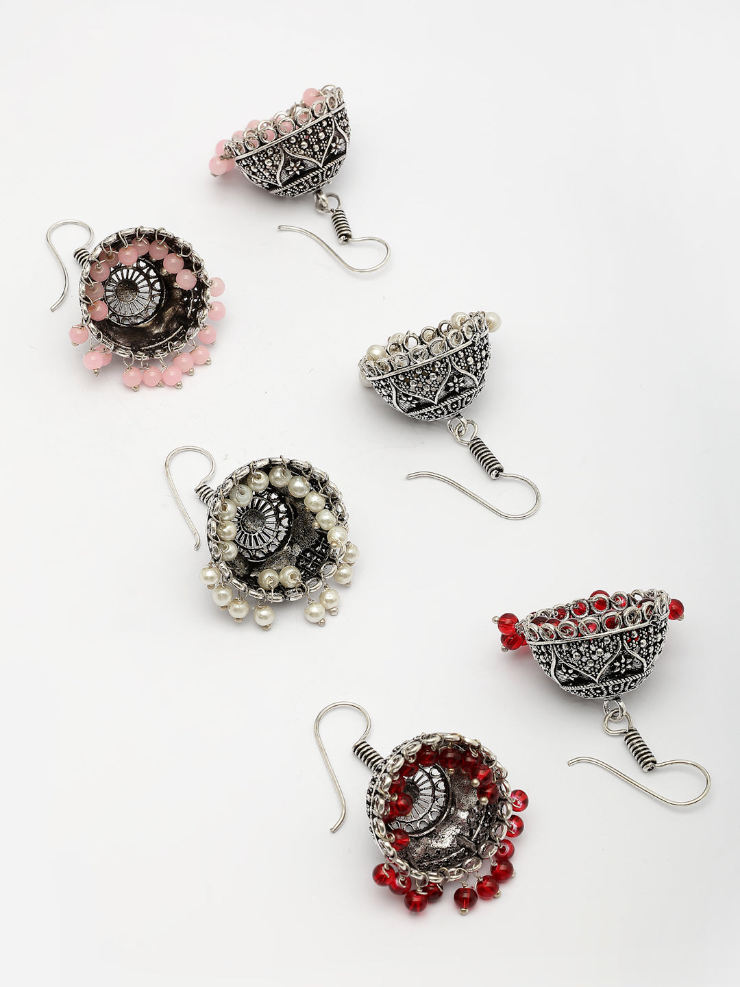 NVR Women Pair of 3 Oxidized Silver Plated Multicolor Artificial Beads Jhumka Earrings