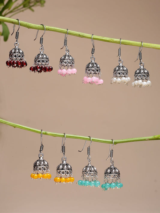 NVR Women's Pair of 5 Oxidized Silver Plated Multicolor Artificial Beads Jhumka Earrings NR Retail-NVR
